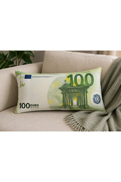 Piloji Euro Desenli Dekoratif Kırlent Içi Dolgulu Para Şekilli Yastık 30x50cm
