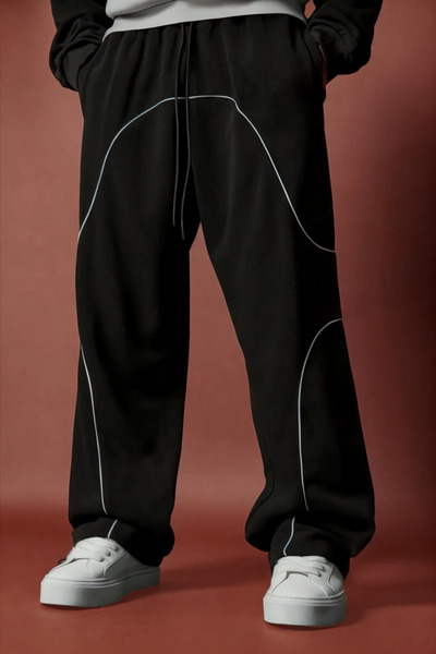 SERABLANKA Men's 3 Thread Oversize Ribbed Wide Leg Sweatpants