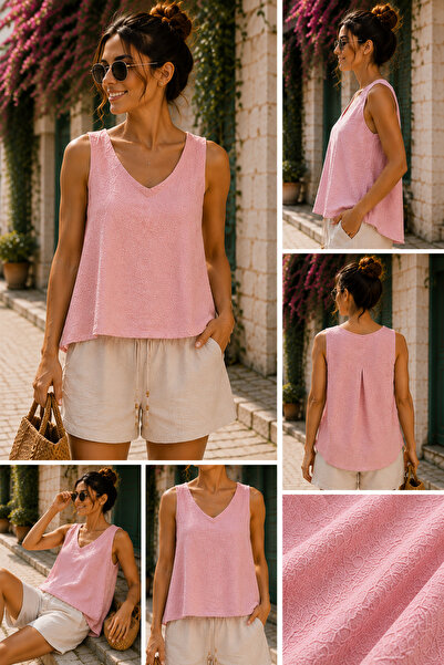 SELGORA Patterned V-Neck Sleeveless Blouse – Loose Fit Casual Summer Women's ...