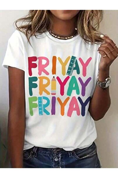 9TAY تي شيرت نسائي مطبوع عليه Happy Friday Teacher Mom Life، قميص كاجوال بأكم...