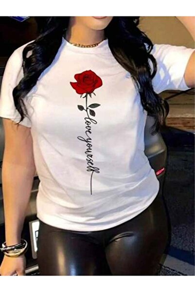 23ERVA Summer Breathable T-Shirt, Rose Love English Print, Women's Fashion Ca...
