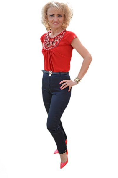 OEM Pantalon modern, bleumarin, cu model colorat pe buzunare