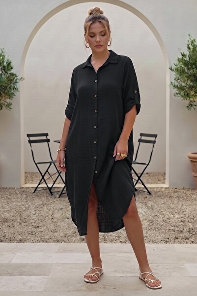 Chiccy Black Shirt Collar 3/4 Sleeve Buttoned Hidden Pocket Oval Skirt Casual...