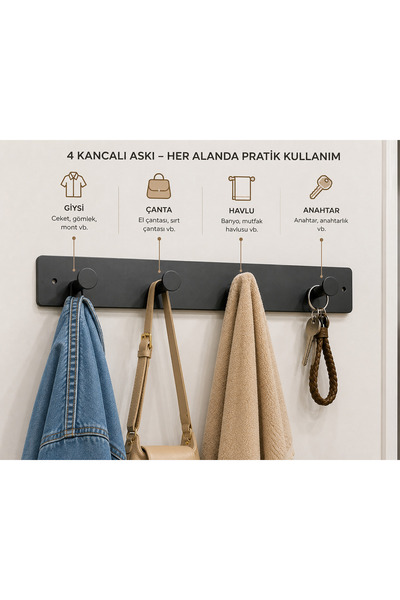 YDGR Çok amaçlı Metal Duvar Askılığı 4 Kancalı Banyo Mutfak Antre Askılığı