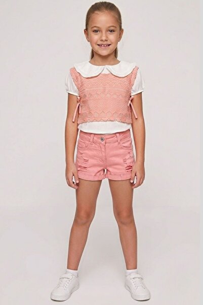 ww waka waka kids store Girl's Dusty Rose Lace Vest Blouse and Shorts Set