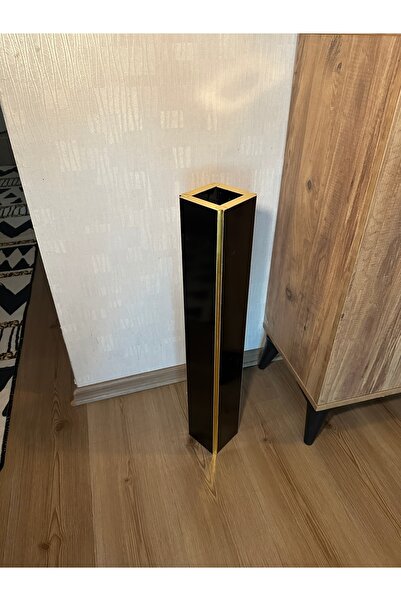 VISNES Siyah Mdf Uzun Ahşap Vazo Gold Detaylı Düğün ve Ev Dekorasyonu 70 cm