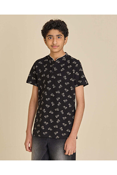 REDTAG Senior Boys Black Printed Mandarin Collar Polo