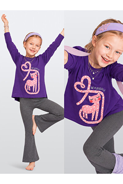 Denokids Κοριτσίστικο Σετ Δύο Τεμαχίων Μωβ Γάτα 100% Βαμβακερό Μπλουζάκι & Ισ...