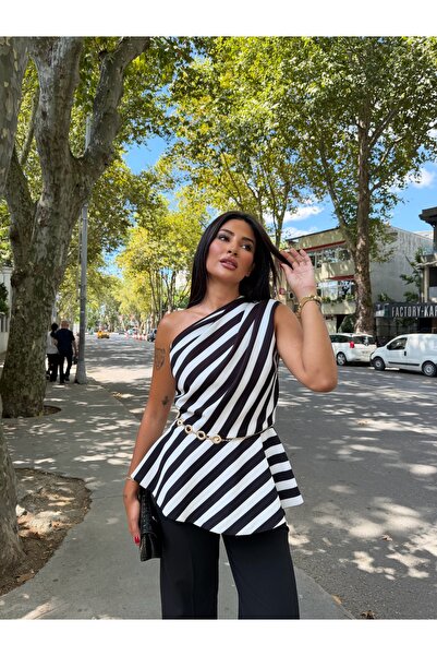 1Moda1Tarz İthal Kumaştan Üst Çizgili Bluz Alt Bel Lastikli Pantolon Bel Akse...