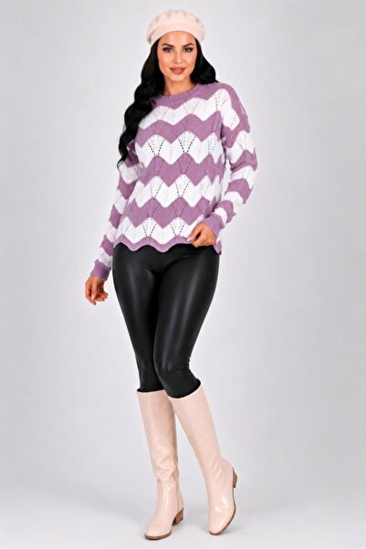 Generic Brand Women's Zigzag Knit Detailed Striped Crew Neck New Season Knitw...