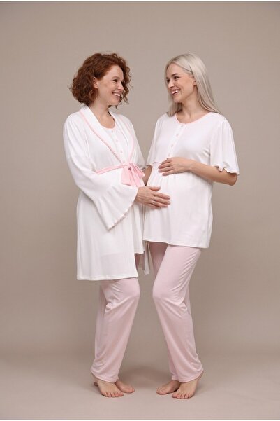 LOHOUSE Women's Powder Flounce Sleeve New Season Maternity Pajama Set with Robe