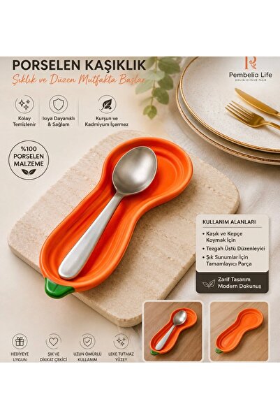 Pembelia Life 4’lü Mutfak Düzen Seti Bambu Standlı 2’li Porselen Bal Kabak Model 1000 ml Yağdanlık Yağlık Set Porselen Kaşık Altlığı