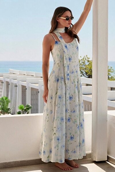Suziş Blue Scarf Detail Strappy, Flower Patterned Long Dress 3449