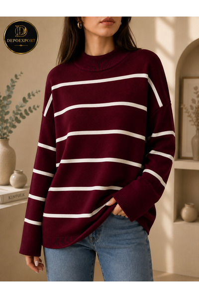 DepoExport Women's Striped Oversize Knitted Sweater