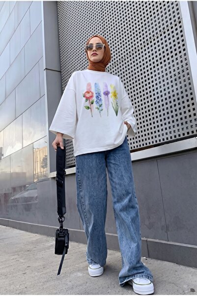 Lunfia Çiçek Desenli Oversize Bisiklet Yaka Penye Sweatshirt - Ekru