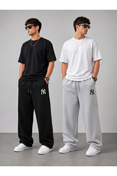 CANDERO 2'li Erkek NY Baskılı Eşofman Altı (Siyah - Gri) Baggy Model Oversize...