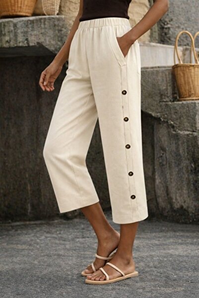 modi Women's High Waist Elastic Side Button Detailed Midi Trousers