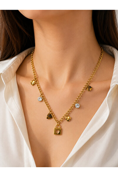 Bymiel Women's Gold Color Heart Detailed Lock End Chain Necklace – Stainless ...
