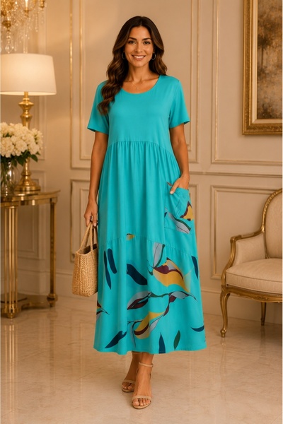 OEM Rochie damă turcoaz, lejeră cu imprimeu colorat și buzunar decorativ