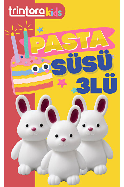 3'lü Pofuduk Tavşan Pasta Süsü Seti - 65 mm Figür - Doğum Günü ve Bebek Partisi Süslemesi