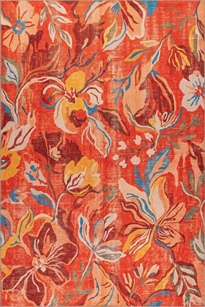 ARTLOOP Florart Turuncu Floral Çiçek Desenli Modern Dokuma Tabanlı Şönil Halı...