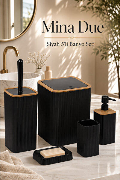 Store HGY Home Mina Due Kahverengi Detaylı Siyah Çizgili 5'li Banyo Seti