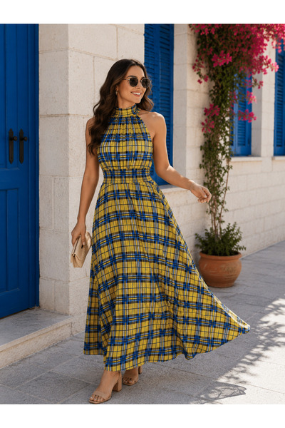 Kokosh moda Διαχρονική κομψότητα – Γυναικείο μάξι φόρεμα με καρό σχέδιο, ελασ...
