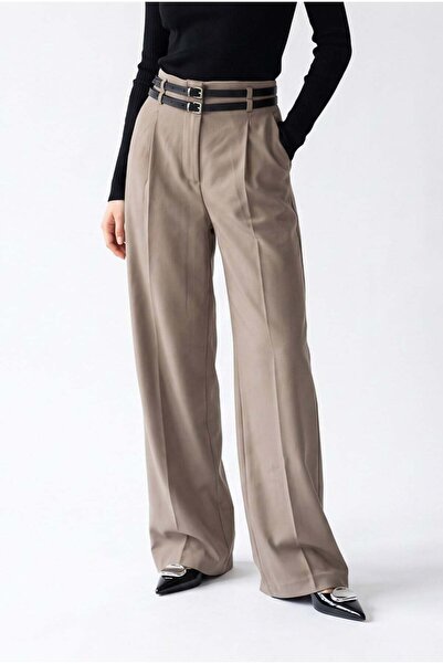 Mixray 2185 Women's Double Belt High Waist Wide Leg Palazzo Trousers Mink
