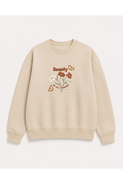 herkesemoda Beauty Print Detailed Crew Neck 2 Thread Sweatshirt
