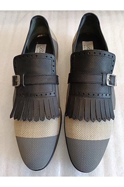 Butik Tülin Men's Linen Gray Beige Striped Genuine Leather Navy Blue Combinat...