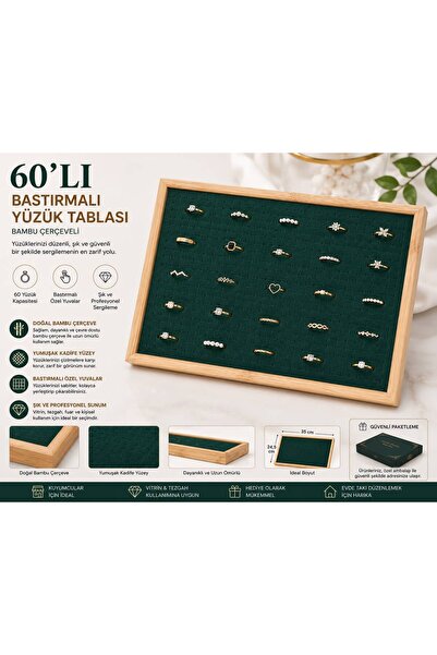 Doreka 60’lı Bastırmalı Yüzük Tablası Bambu Çerçeveli Yeşil Kadife 20x30cm