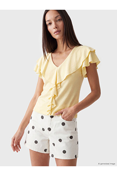 LC Waikiki Beige V-Neck Flounce Women's T-Shirt