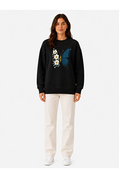 herkesemoda Butterfly Print Detailed Embroidered 2 Thread Crew Neck Sweatshirt