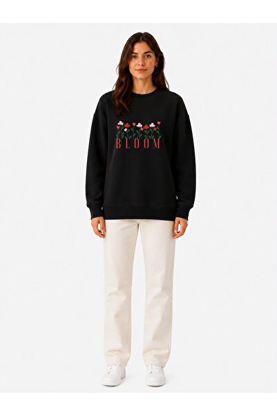 herkesemoda Bloom Print Detailed Embroidered 2 Thread Crew Neck Sweatshirt