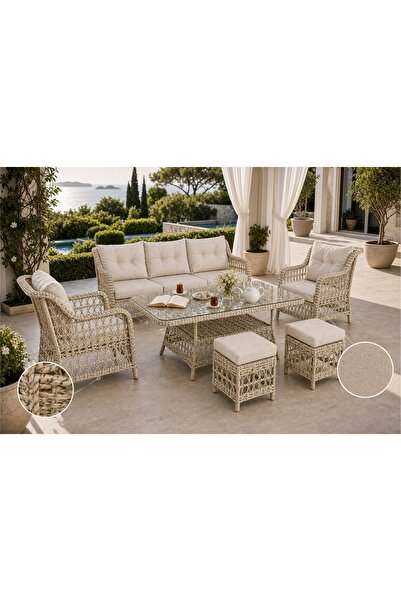 Vivense DİVARESE MAXİ MİNDERLİ BAHÇE BALKON TERAS TAKIMI, 6 KİŞİLİK, BEJ