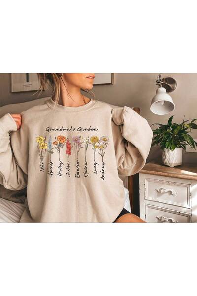 herkesemoda Flowers in Row Printed 2 Thread Threaded Crew Neck Sweatshirt