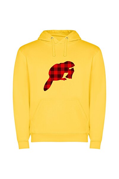 iLovePrints Plaid Lumberjack Beaver Φούτερ με κουκούλα σε χρώμα Κίτρινο