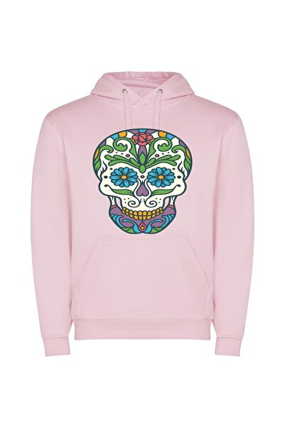 iLovePrints Colorful Dia De Muertos Φούτερ με κουκούλα σε χρώμα Ροζ