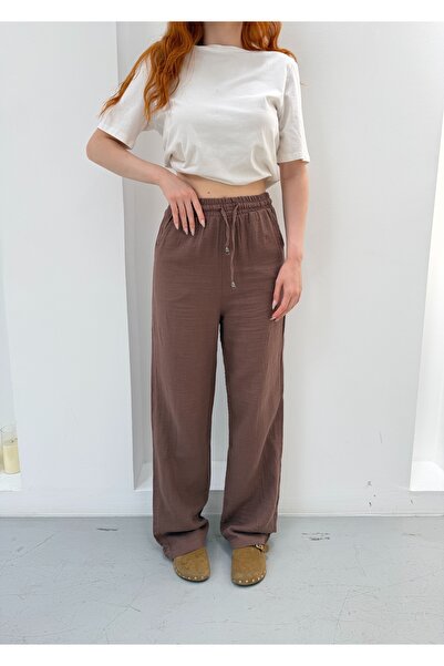 NEW JOURNAL Women's Milk Coffee High Waist Lace-Up Muslin Trousers Sr5200