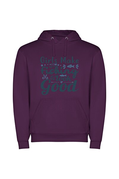 iLovePrints Fishing Girls, Stunning Creations Φούτερ με κουκούλα σε χρώμα Μωβ