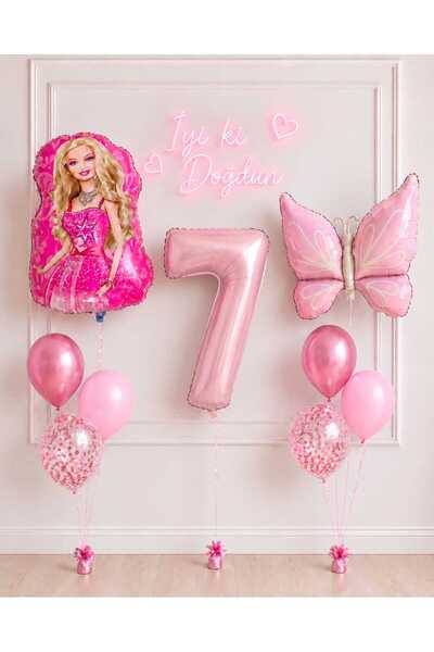 ALYA PARTİ Barbie & pembe kelebek ve 7 yaş rakam folyo balonlu doğum günü seti