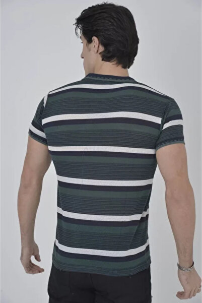 Gökyüzü Moda Men's collared slim fit woven striped t-shirt - khaki