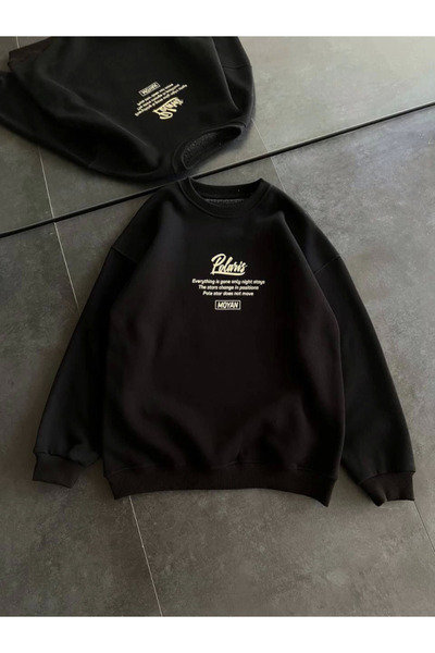 oniks store Winter Crew Neck Sweatshirt with Front and Back Print - Black
