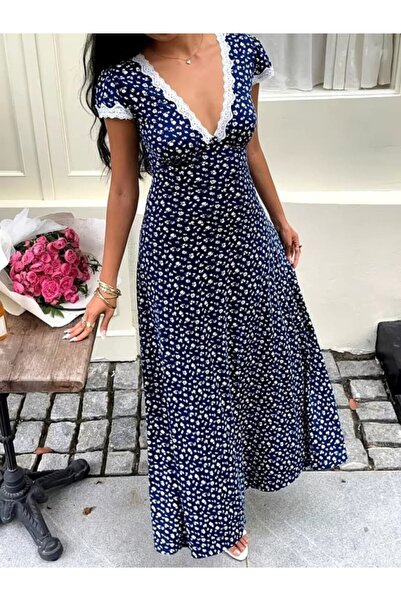 UFC 1985 TOP BRAND Women's Short Sleeve Deep V Neck Lace Detailed Floral Patt...