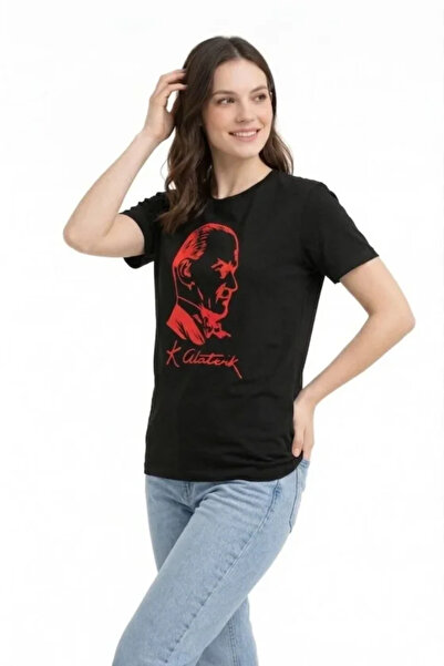 Gökyüzü Moda Ataturk Printed T-Shirt Short Sleeve Crew Neck T-Shirt - Black