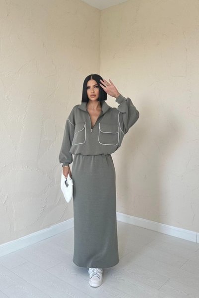 bysocafashion Khaki Piping Sweatshirt and Skirt Set
