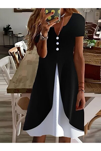 MODA ŞEHRİ فستان نسائي قصير الأكمام بياقة V وأزرار أمامية مزدوجة اللون من الف...