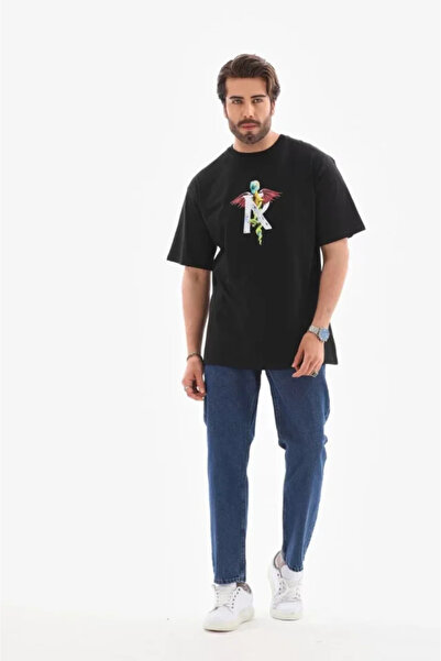 pazarella Unisex Crew Neck Printed Oversize T-Shirt - Black