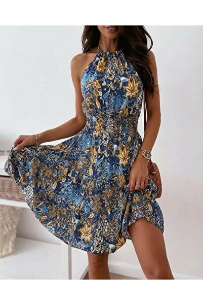 UFC 1985 TOP BRAND Women's Patterned Short Jersey Dress with Elastic Waist an...