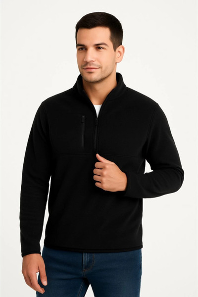 MODA ŞEHRİ Men's Fleece Sweatshirt – Stand Collar, Half Zipper, Zippered Ches...